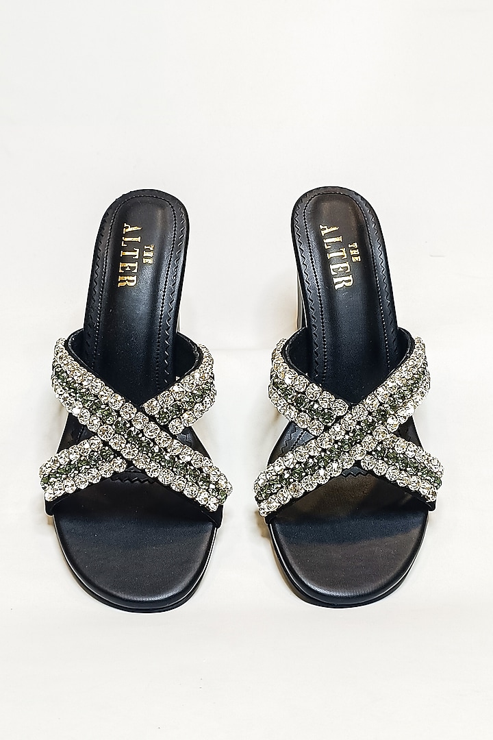 Black Faux Leather Rhinestone Embellished Block Heels by The Alter