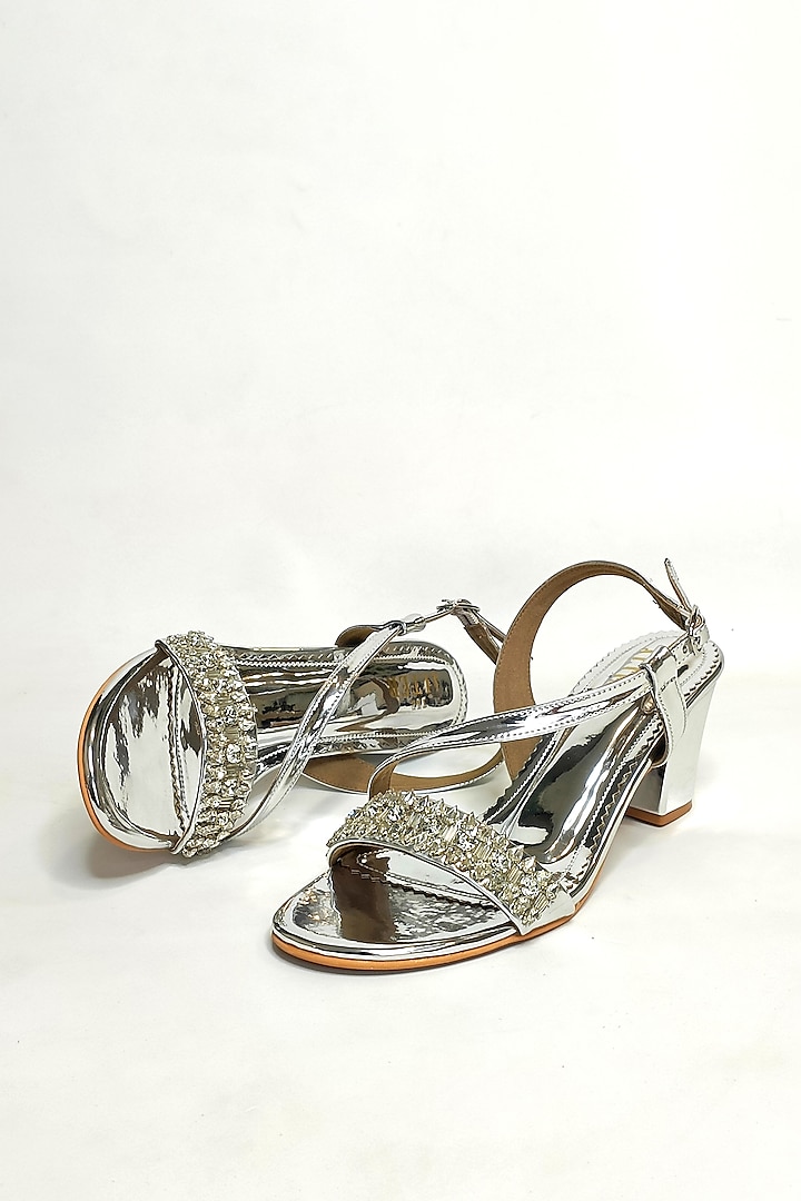 Silver Faux Leather Rhinestone Embellished Block Heels by The Alter
