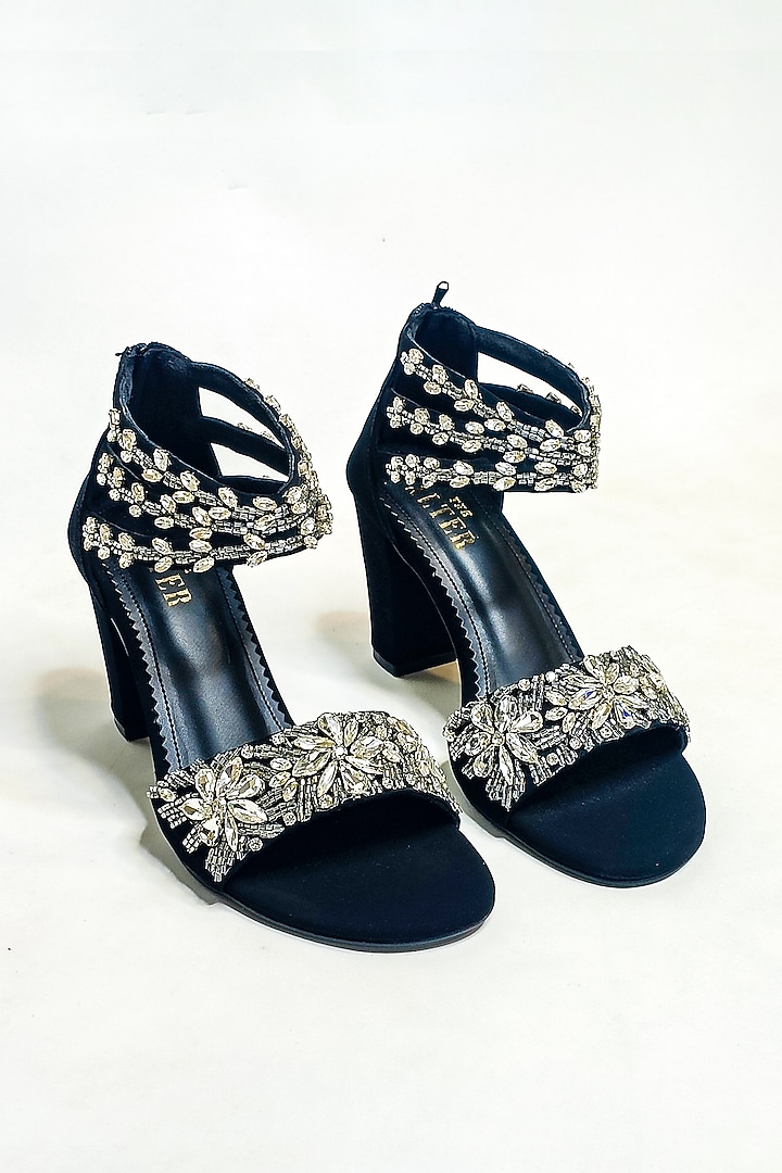 Black Faux Leather Rhinestone Embellished Block Heels by The Alter