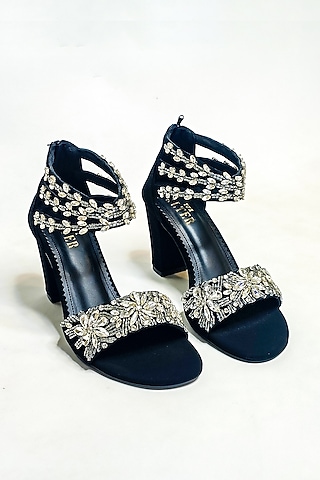 Black Faux Leather Rhinestone Embellished Block Heels by The Alter