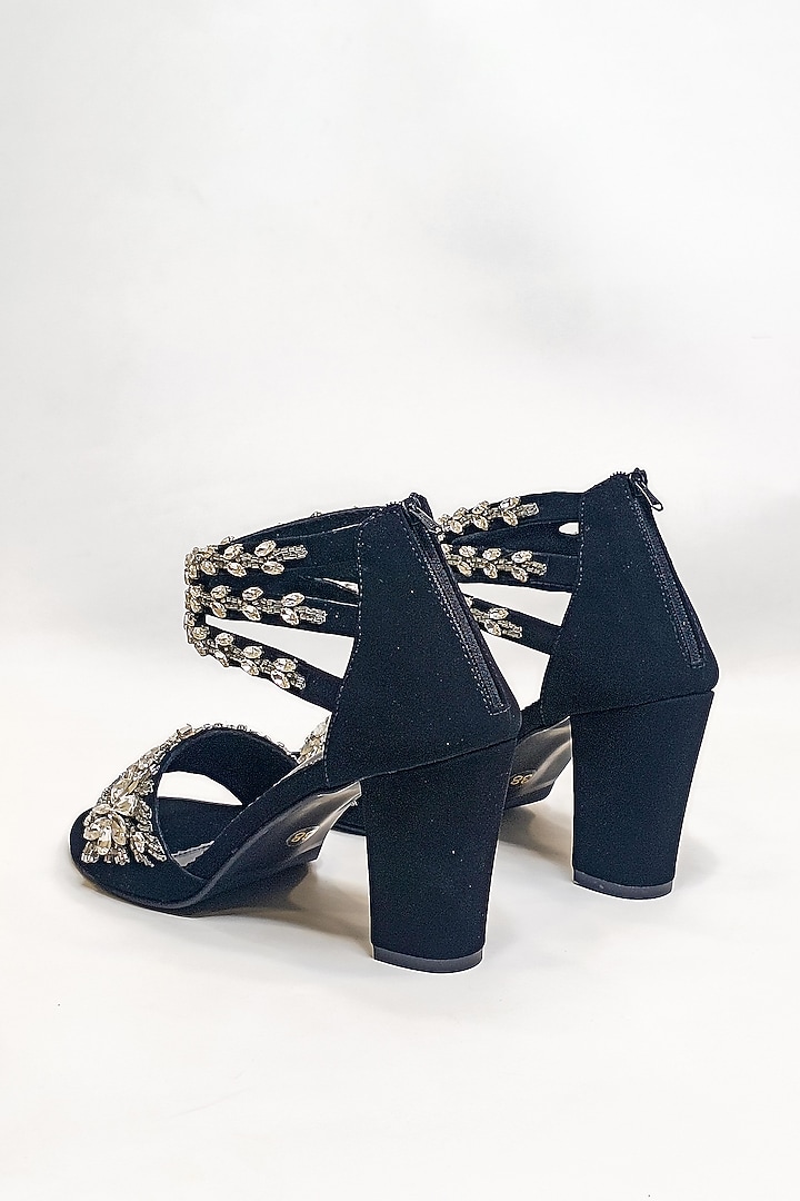 Black Faux Leather Rhinestone Embellished Block Heels by The Alter at Pernia's Pop Up Shop