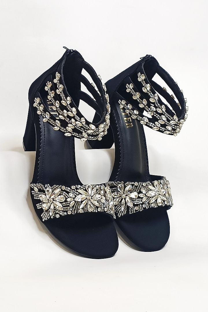 Black Faux Leather Rhinestone Embellished Block Heels by The Alter at Pernia's Pop Up Shop