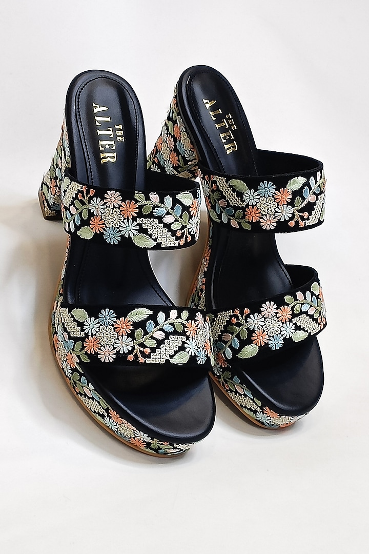 Black Faux Leather Embroidered Platform Block Heels by The Alter