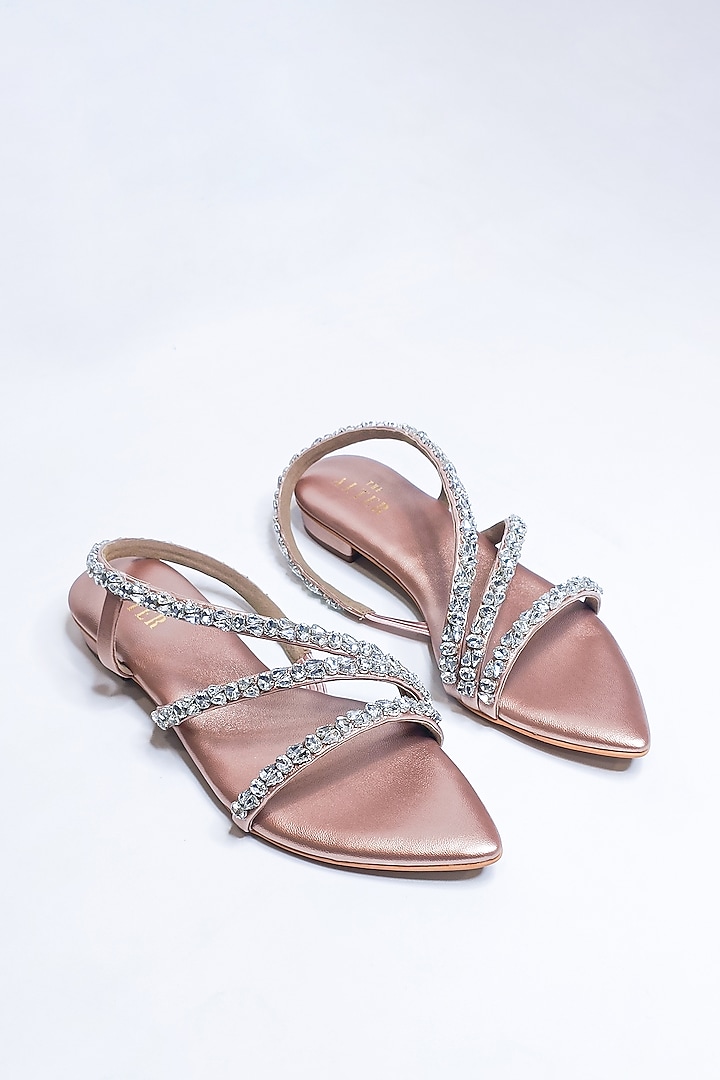 Matt Rose Gold Faux Leather Rhinestone Embellished Flats by The Alter