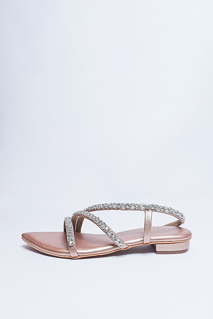 Matt Rose Gold Faux Leather Rhinestone Embellished Flats by The Alter at Pernia's Pop Up Shop
