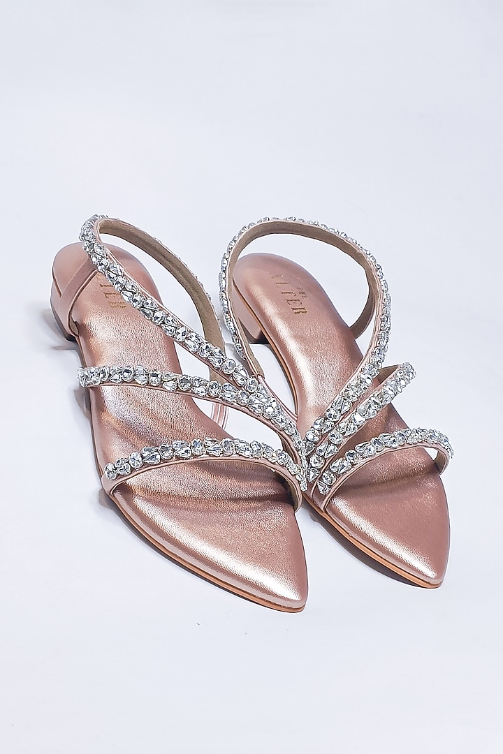 Matt Rose Gold Faux Leather Rhinestone Embellished Flats by The Alter at Pernia's Pop Up Shop