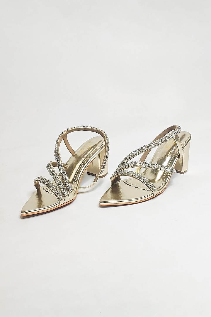 Gold Faux Leather Rhinestone Embellished Block Heels by The Alter