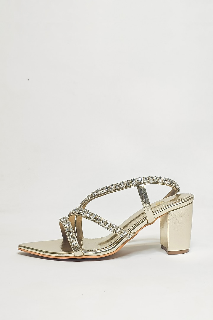 Gold Faux Leather Rhinestone Embellished Block Heels by The Alter at Pernia's Pop Up Shop