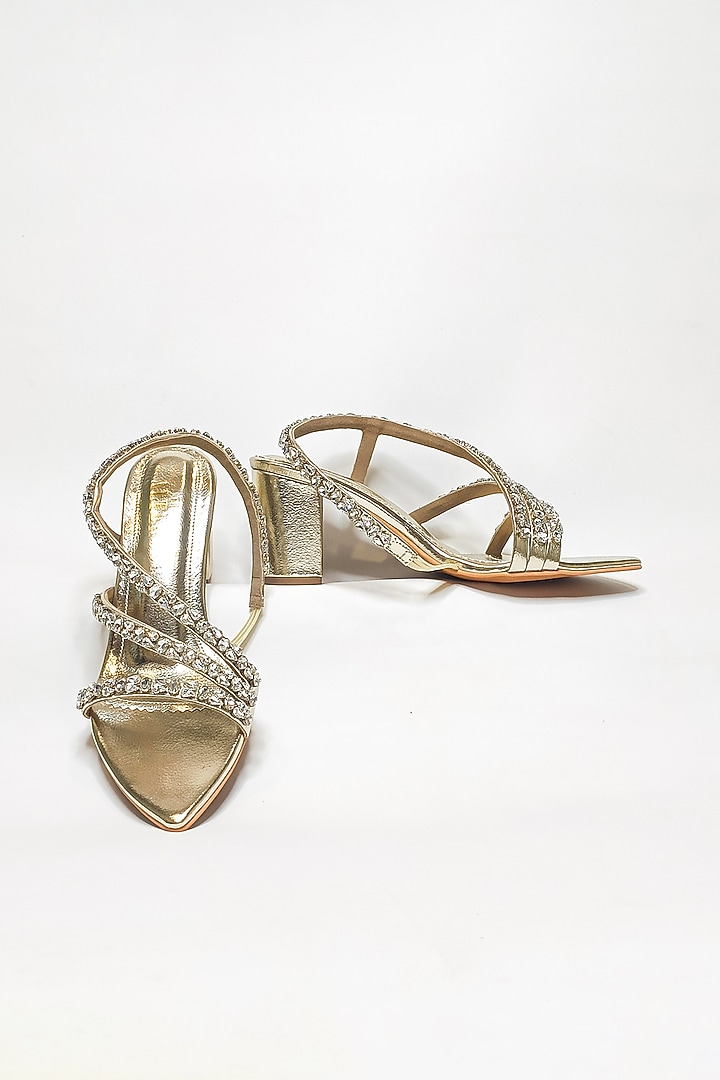Gold Faux Leather Rhinestone Embellished Block Heels by The Alter at Pernia's Pop Up Shop