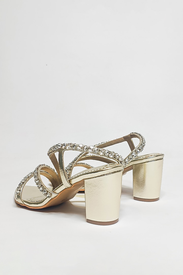 Gold Faux Leather Rhinestone Embellished Block Heels by The Alter at Pernia's Pop Up Shop