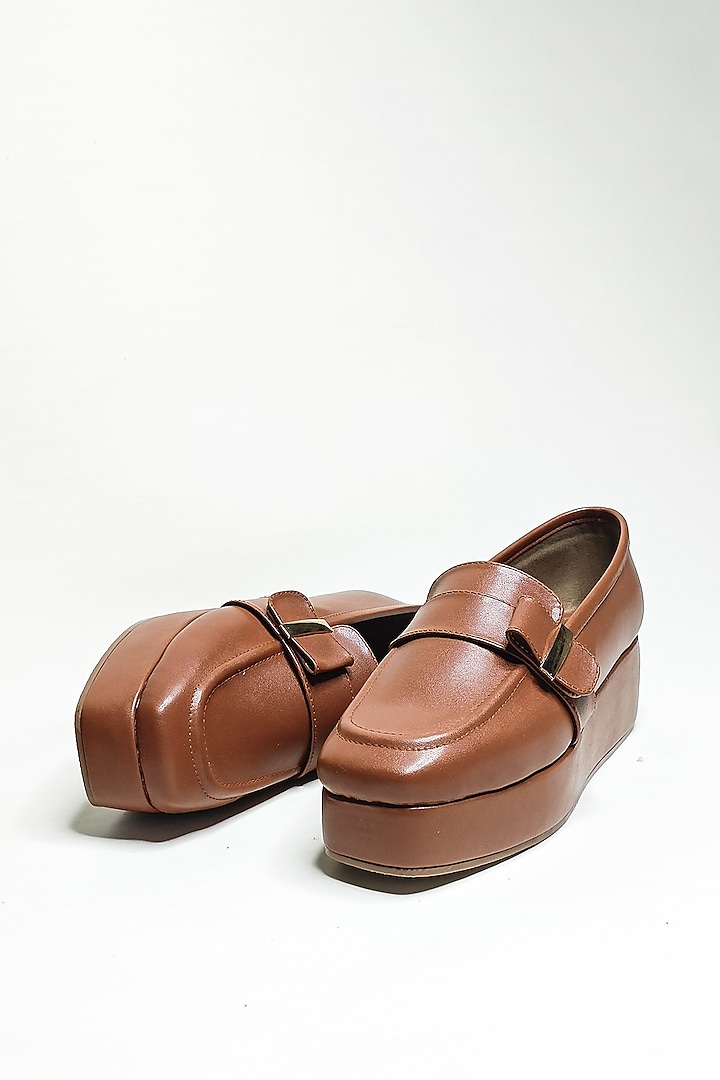 Tan Faux Leather Platform Loafer Heels by The Alter
