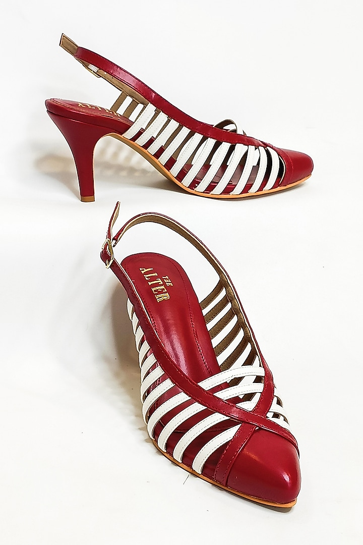 Red & White Faux Leather Strappy Stiletto Heels by The Alter