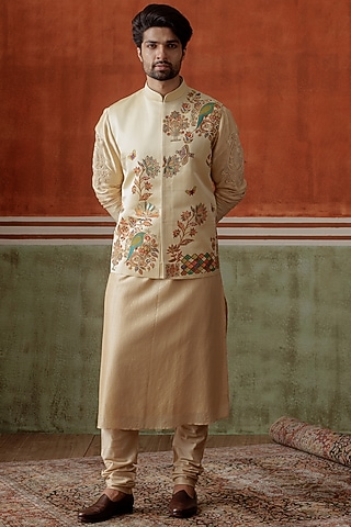 Beige Silk Kashmiri Block Printed Bundi Jacket by ALLUR