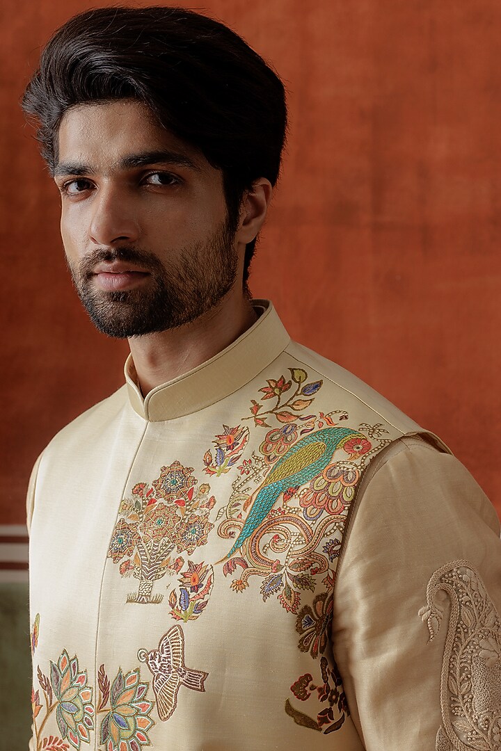 Beige Silk Kashmiri Block Printed Bundi Jacket by ALLUR at Pernia's Pop Up Shop