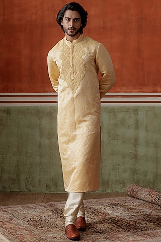 Mango Yellow Linen Silk Pearl Embroidered Kurta Set by ALLUR
