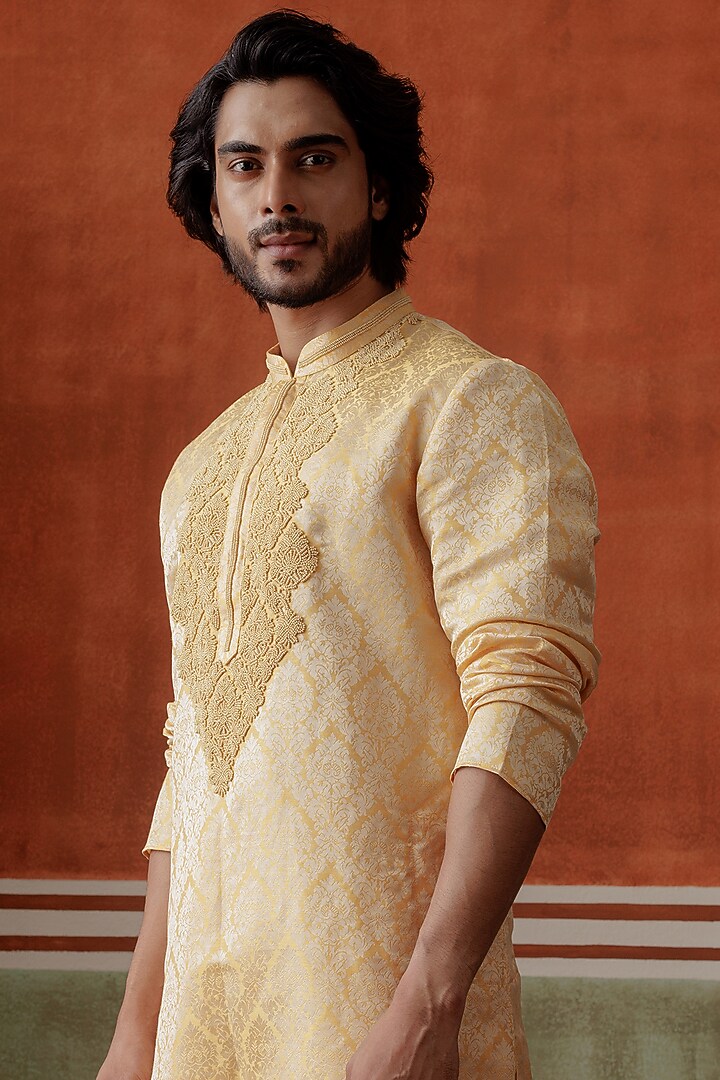 Mango Yellow Linen Silk Pearl Embroidered Kurta Set by ALLUR at Pernia's Pop Up Shop