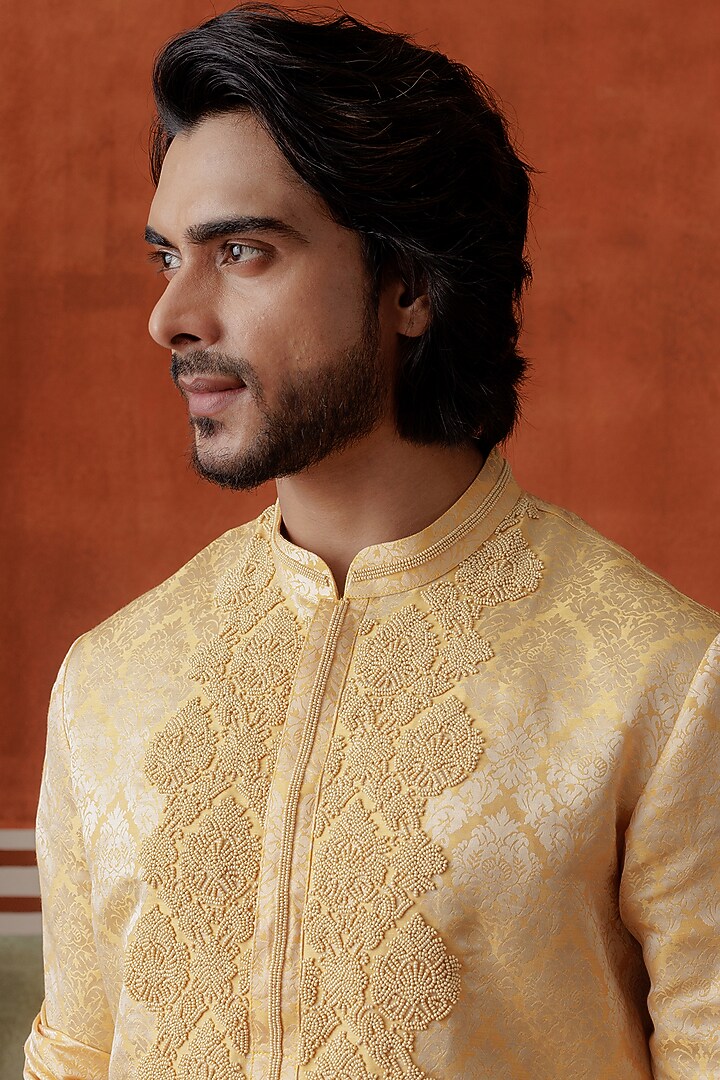 Mango Yellow Linen Silk Pearl Embroidered Kurta Set by ALLUR at Pernia's Pop Up Shop