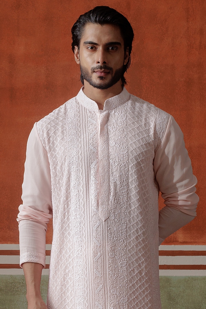 Pastel Pink Bemberg Silk Mirror Embroidered Kurta Set by ALLUR at Pernia's Pop Up Shop