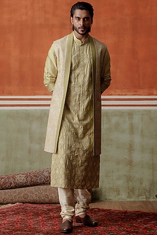 Mehendi Green Self Woven Fabric Indowestern Set by ALLUR