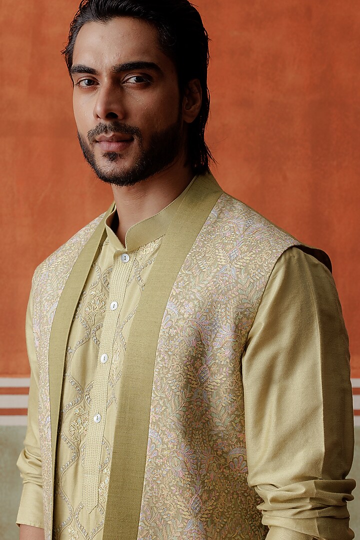 Mehendi Green Self Woven Fabric Groom Indowestern Set by ALLUR at Pernia's Pop Up Shop
