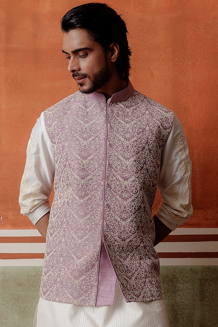 Purple Raw Silk Cord Embroidered Bundi Jacket by ALLUR