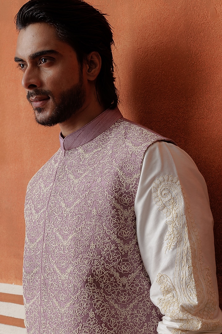 Purple Raw Silk Cord Embroidered Bundi Jacket by ALLUR at Pernia's Pop Up Shop