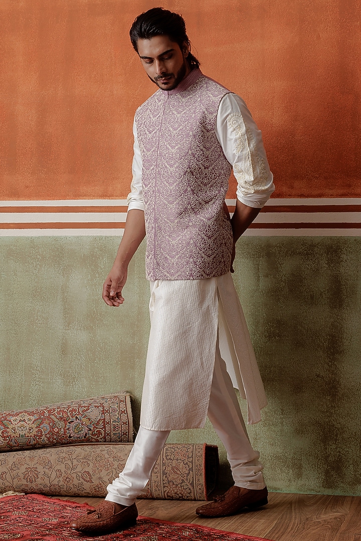 Purple Raw Silk Cord Embroidered Bundi Jacket by ALLUR at Pernia's Pop Up Shop