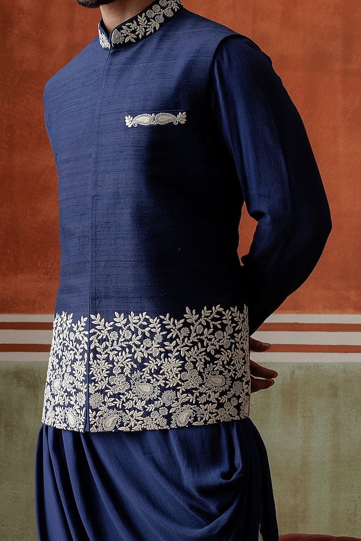 Navy Blue Raw Silk Zardosi Embroidered Bundi Jacket Set by ALLUR at Pernia's Pop Up Shop