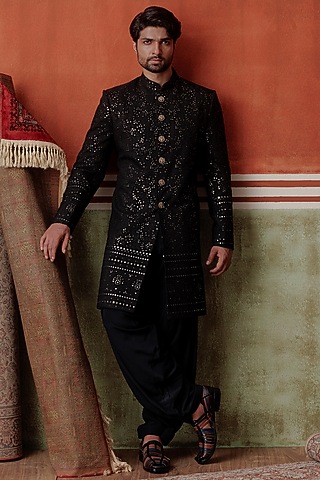 Black Silk Mirror Embellished Indowestern Set by ALLUR