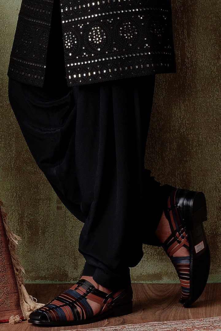 Black Silk Mirror Embellished Groom Indowestern Set by ALLUR at Pernia's Pop Up Shop