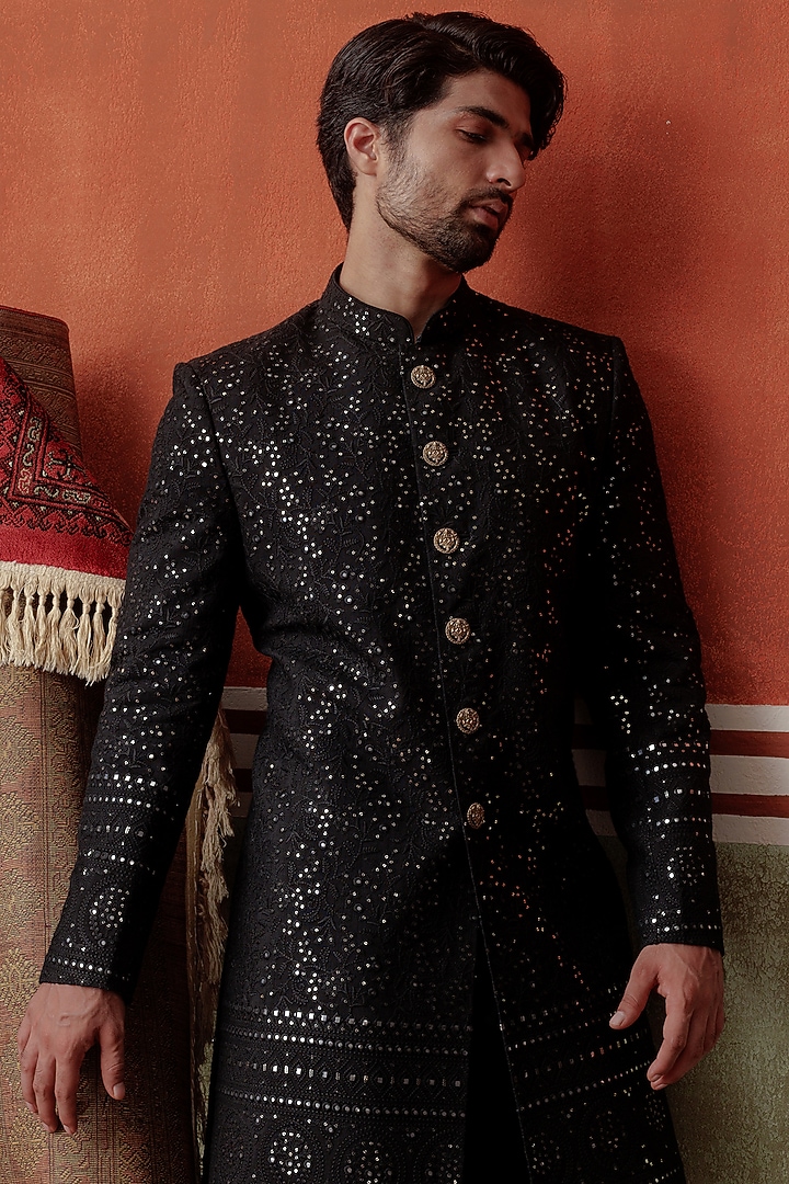 Black Silk Mirror Embellished Groom Indowestern Set by ALLUR at Pernia's Pop Up Shop