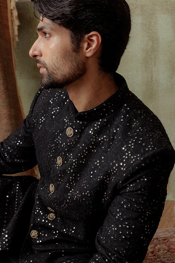 Black Silk Mirror Embellished Groom Indowestern Set by ALLUR at Pernia's Pop Up Shop