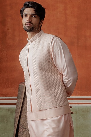 Pastel Peach Silk Thread Embroidered Bundi Jacket by ALLUR