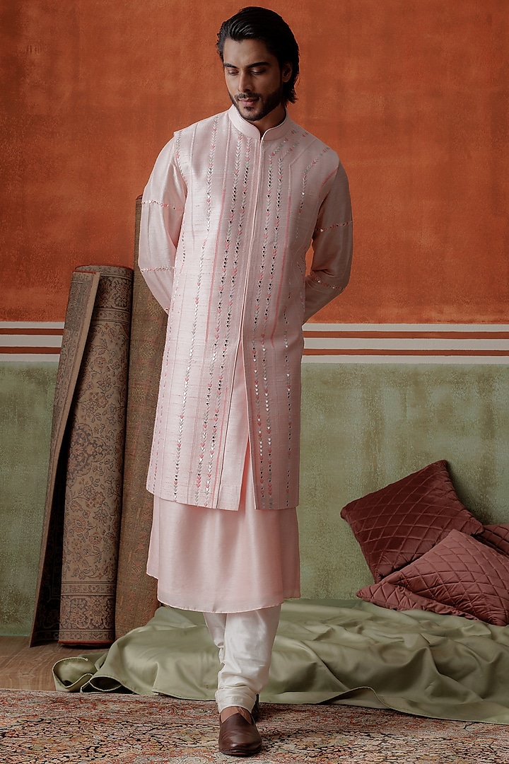 Pink Raw Silk Embroidered Indowestern Set by ALLUR