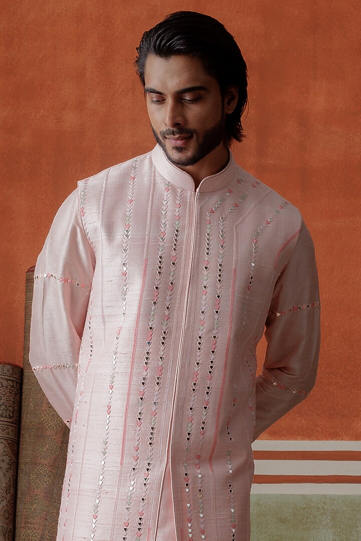 Pink Raw Silk Embroidered Groom Indowestern Set by ALLUR at Pernia's Pop Up Shop