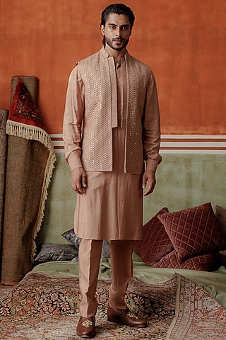 Brown Silk Sequins Embroidered Indowestern Set by ALLUR
