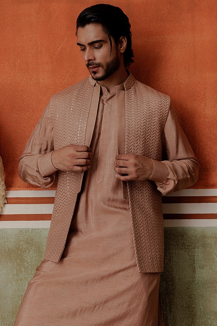 Brown Silk Sequins Embroidered Wedding Indowestern Set by ALLUR at Pernia's Pop Up Shop