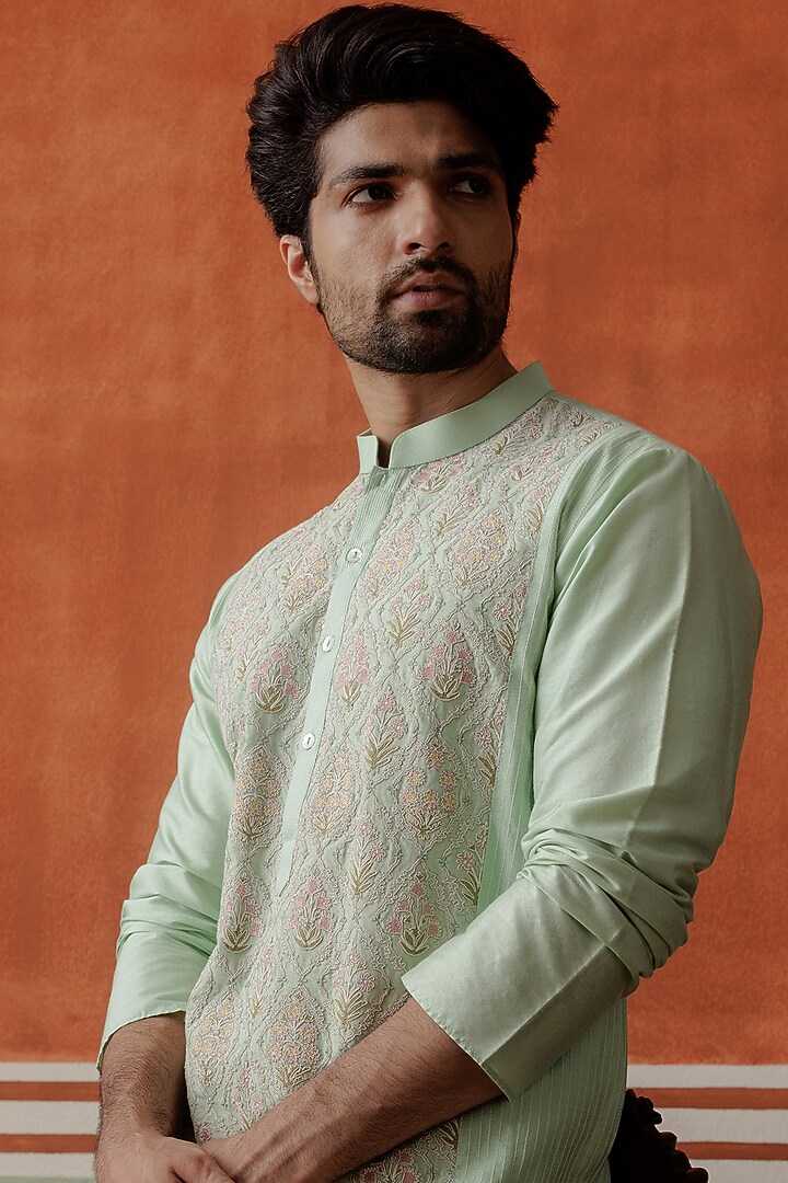 Light Green Cotton Silk Floral Embroidered Kurta Set by ALLUR at Pernia's Pop Up Shop