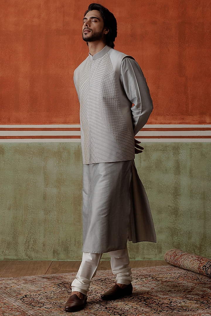 Light Grey Cotton Silk Bundi Jacket by ALLUR at Pernia's Pop Up Shop