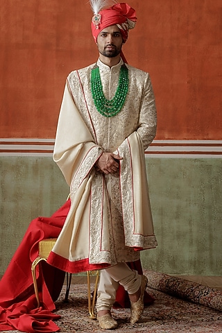 Ivory Raw Silk Zardosi Embroidered Sherwani Set by ALLUR