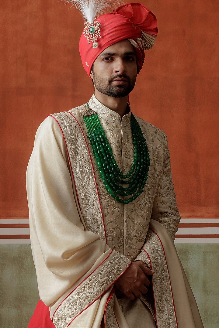 Ivory Raw Silk Zardosi Embroidered Groom Sherwani Set by ALLUR at Pernia's Pop Up Shop