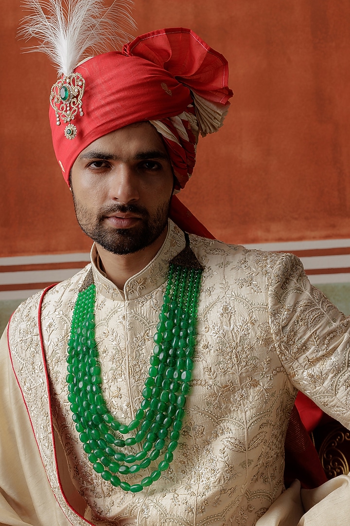 Ivory Raw Silk Zardosi Embroidered Groom Sherwani Set by ALLUR at Pernia's Pop Up Shop