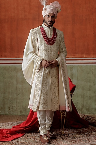 Ivory Raw Silk Zardosi Embroidered Sherwani Set by ALLUR