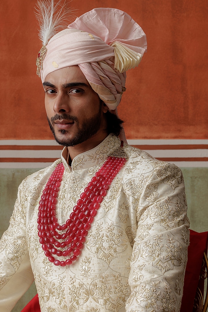 Ivory Raw Silk Zardosi Embroidered Groom Sherwani Set by ALLUR at Pernia's Pop Up Shop