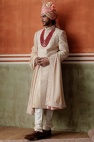 Light Pink Raw Silk Cord Embroidered Sherwani Set by ALLUR