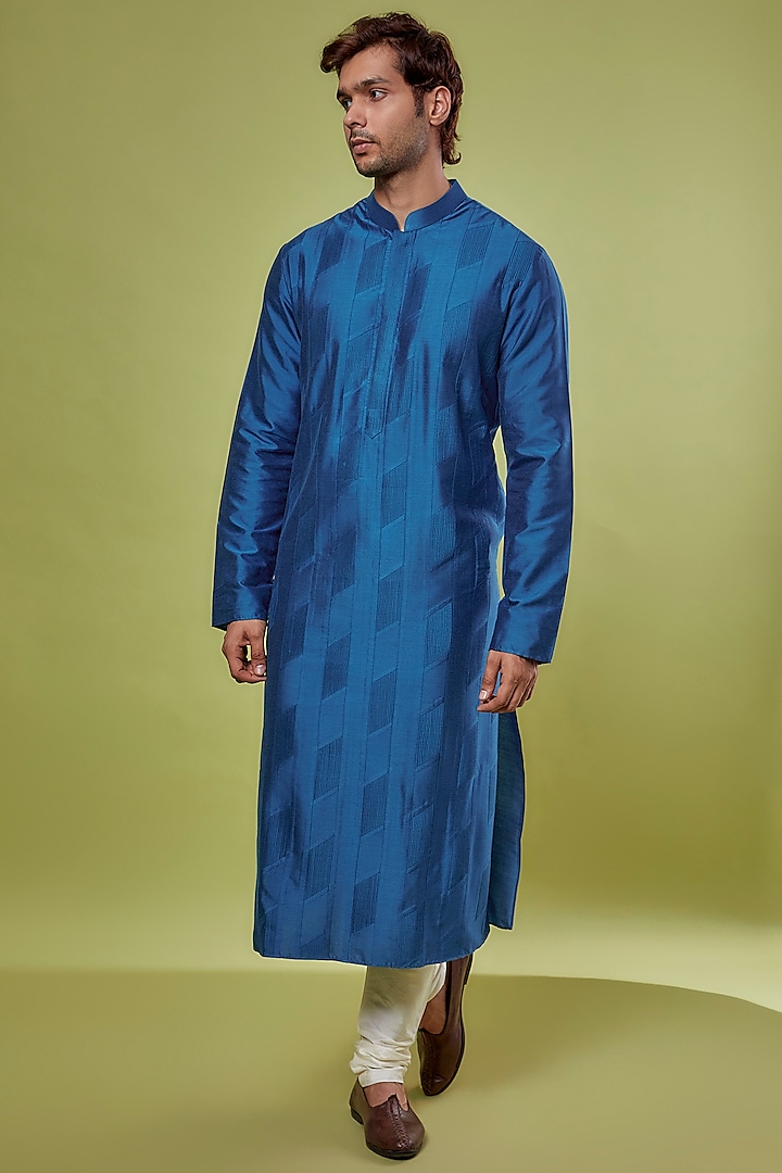 Blue Cotton Silk Pintucked Kurta Set by ALLUR