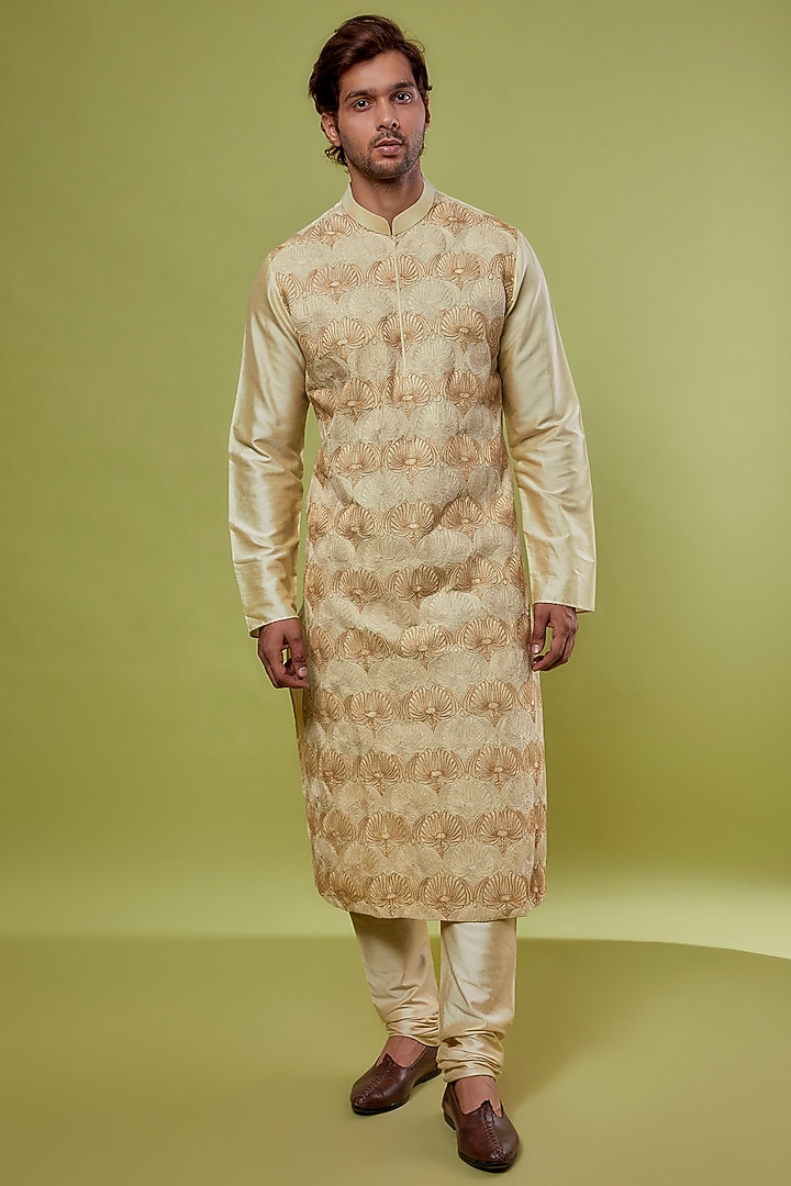 Ivory Cotton Silk Motif Embroidered Kurta Set by ALLUR at Pernia's Pop Up Shop
