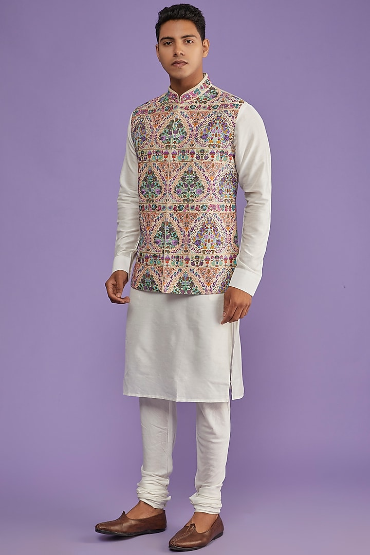 Multi-Colored Raw Silk Embroidered Bundi Jacket with Kurta Set by ALLUR