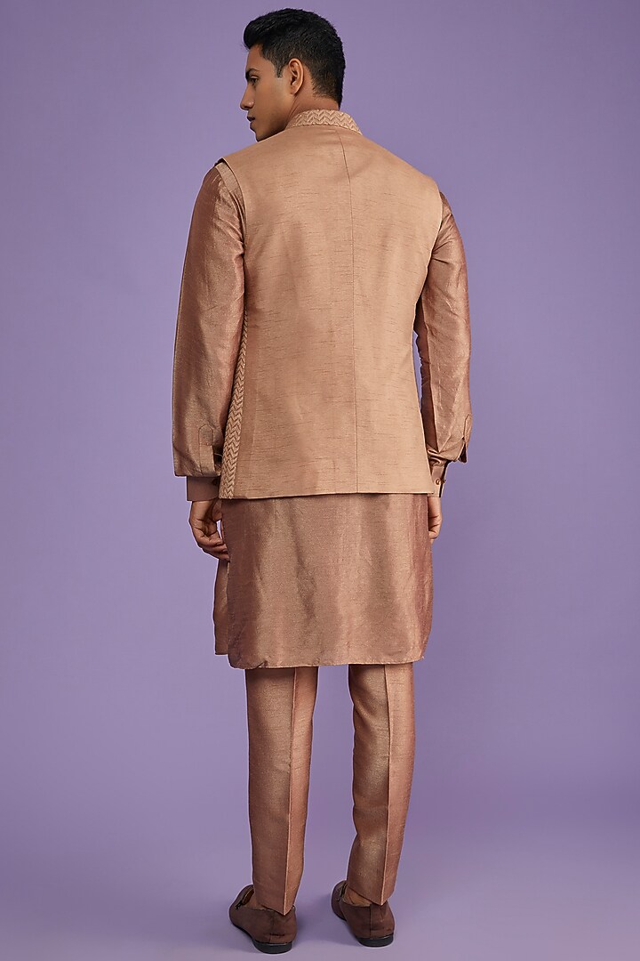 Beige Chanderi Silk Embroidered Bundi Jacket With Kurta Set by ALLUR at Pernia's Pop Up Shop