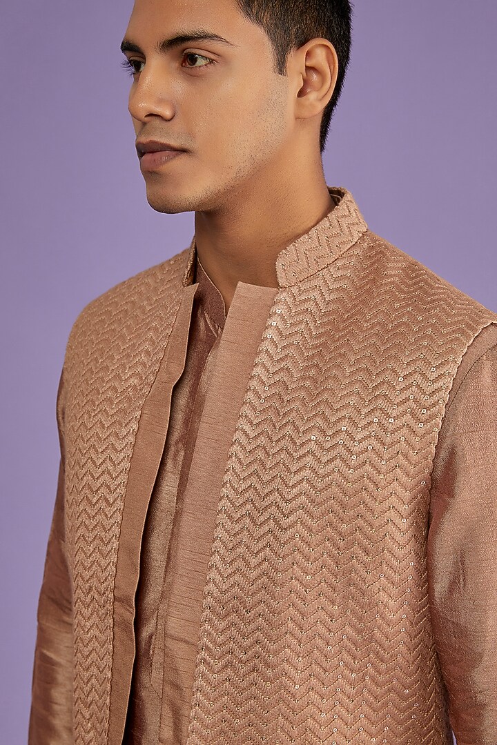 Beige Chanderi Silk Embroidered Bundi Jacket With Kurta Set by ALLUR at Pernia's Pop Up Shop